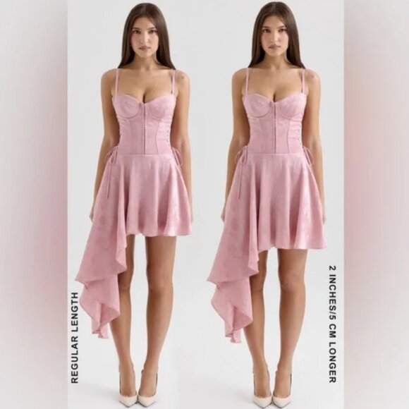 House of CB: Lola Pink Jacquard Asymmetrical Dress - Picture 3 of 6